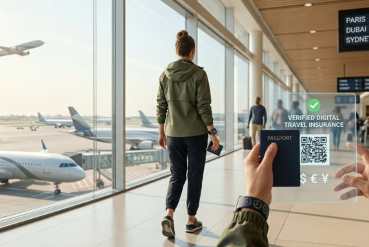 Is Travel Insurance Required for International Travel? (2026 Complete Guide) Optimized travel preparation photo showing a traveler holding a digital travel insurance certificate and passport in a modern international airport, illustrating the theme of travel security and the invisible variable.