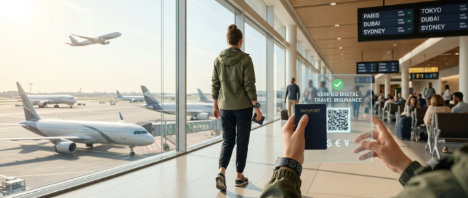 Is Travel Insurance Required for International Travel? (2026 Complete Guide) Optimized travel preparation photo showing a traveler holding a digital travel insurance certificate and passport in a modern international airport, illustrating the theme of travel security and the invisible variable.