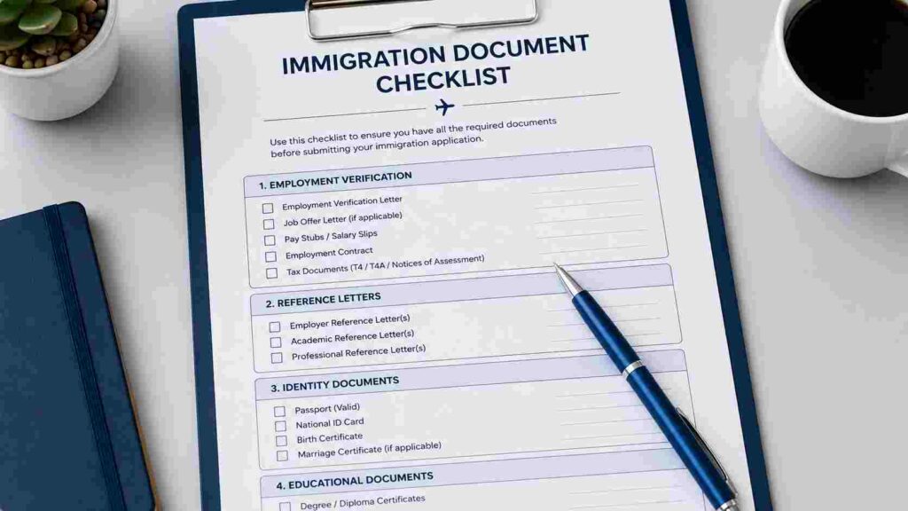 An official government document checklist form for skilled worker permanent residence applications detailing required employment proofs.