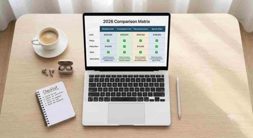 An organized digital workspace with a laptop displaying a comprehensive comparison matrix of four different international travel insurance policies, contrasting limits for medical, evacuation, and trip cancellation coverage.