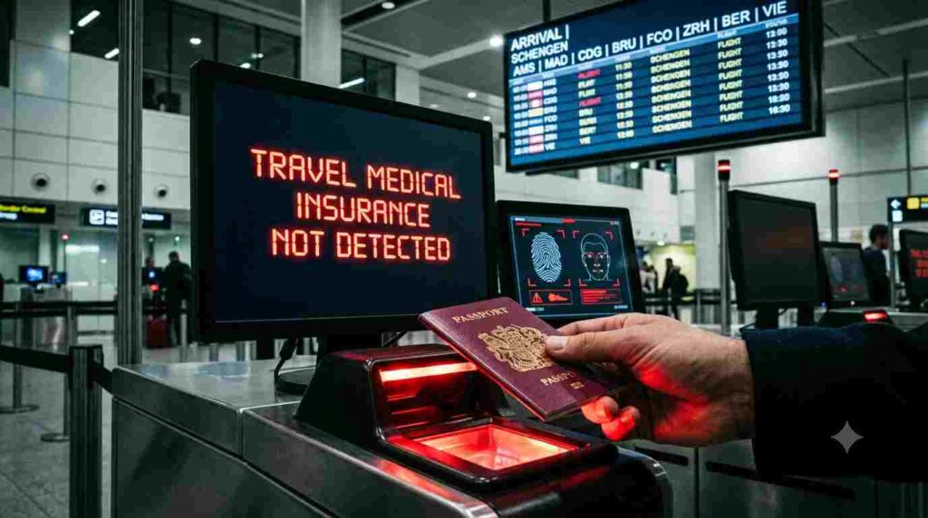A close-up view of a traveler's passport being scanned at a digital border control checkpoint, where a screen alerts that mandatory international travel medical insurance is not detected for entry.