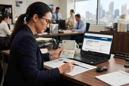 The Complete Process of How to Get the Australian Skilled Visa Person reviewing Australian skilled visa documents and passport