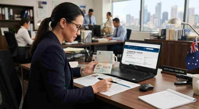 australian-skilled-visa-application-process.jpg-compressed Person reviewing Australian skilled visa documents and passport
