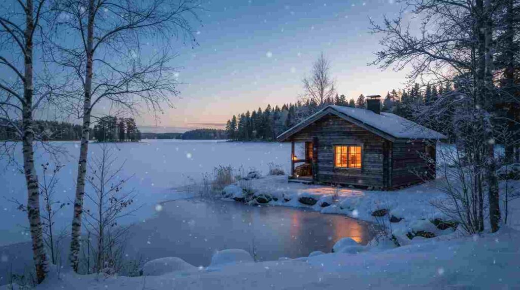 Snow-covered wooden sauna cabin glowing with warm light beside a frozen lake in a Finnish winter