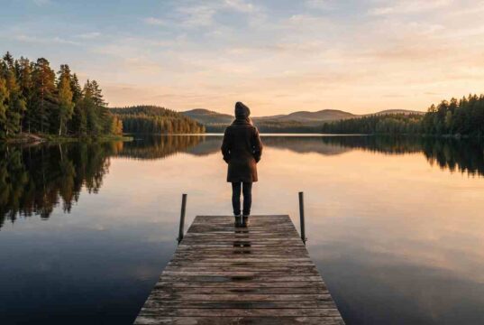 Moving to Finland: The Complete 2026 Guide for Students, Workers, and Families Traveler standing on a wooden dock overlooking a calm Finnish lake surrounded by pine forest at golden hour