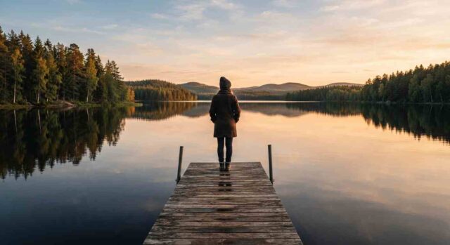Traveler standing on a wooden dock overlooking a calm Finnish lake surrounded by pine forest at golden hour