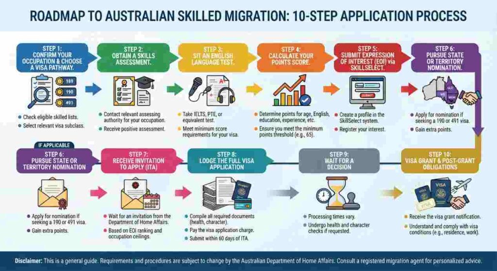 Step-by-step flowchart of the Australian skilled visa application process