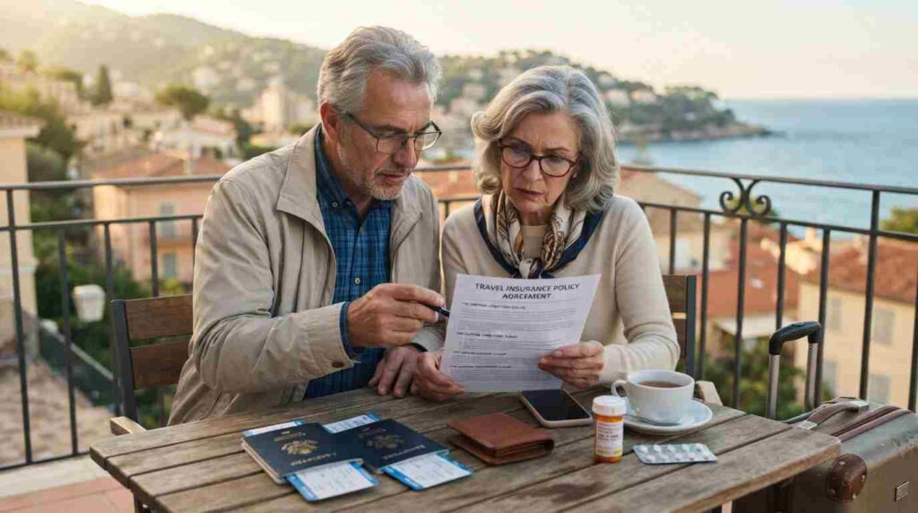 older couple checking travel insurance paperwork with medication and passports on the table"