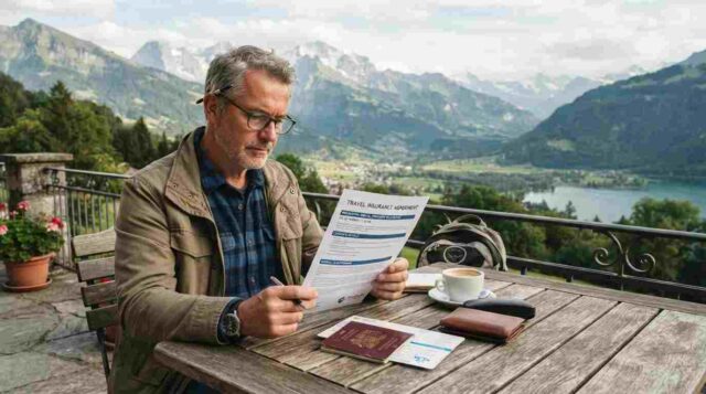 traveler-reviewing-travel-insurance-for-pre-existing-medical-conditions-compressed traveler reviewing travel insurance documents for pre-existing medical conditions before a trip
