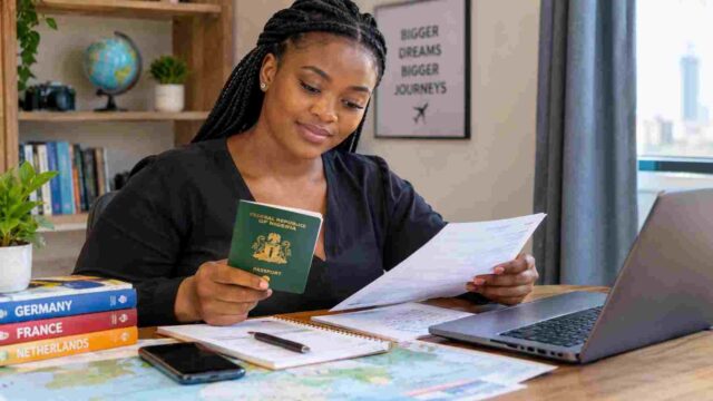 Nigerian applicant reviewing visa documents before applying to relocate to Europe.
