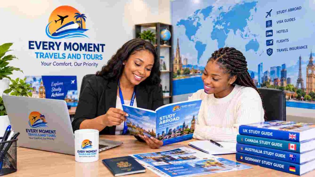 Every Moment Travels And Tours helping a client plan their study abroad journey."